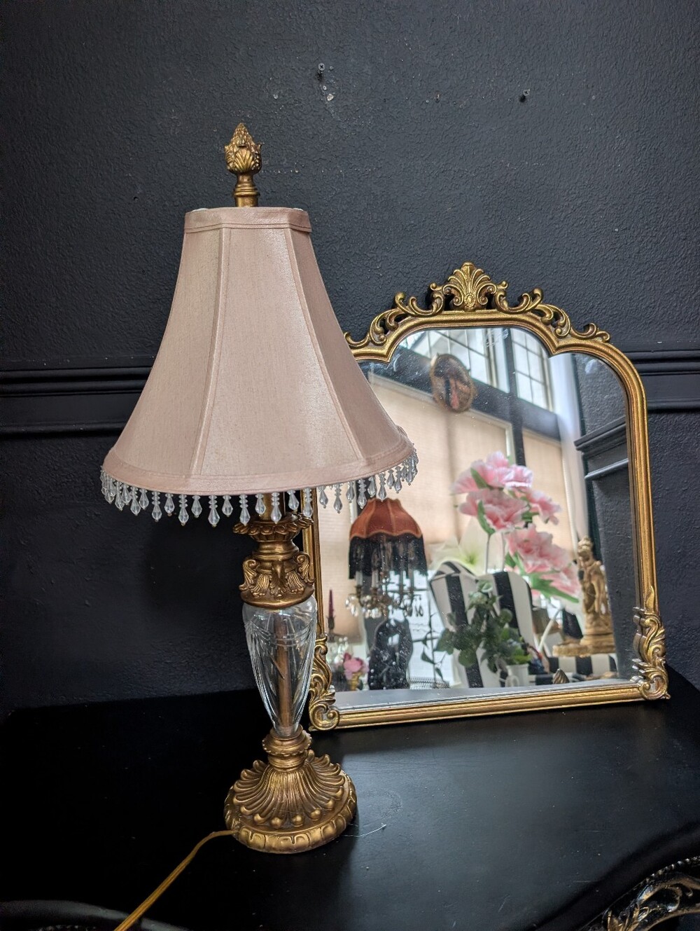 Vintage Hollywood Regency Ribbed Cut-Crystal Center, Gold Tone Accent Lamp